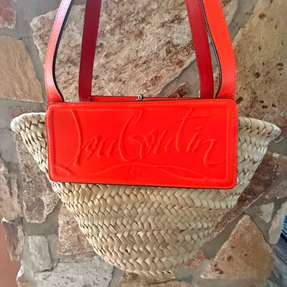 Christian Louboutin Orange and Tan Woven Bag Straw Tote authentic COA INCLUDED